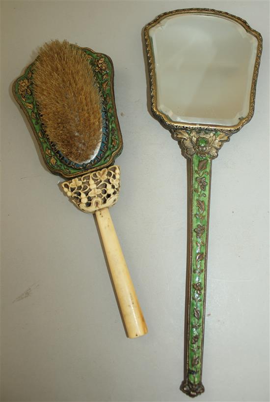 A Chinese enamel on copper and ivory mounted three piece dressing table set,